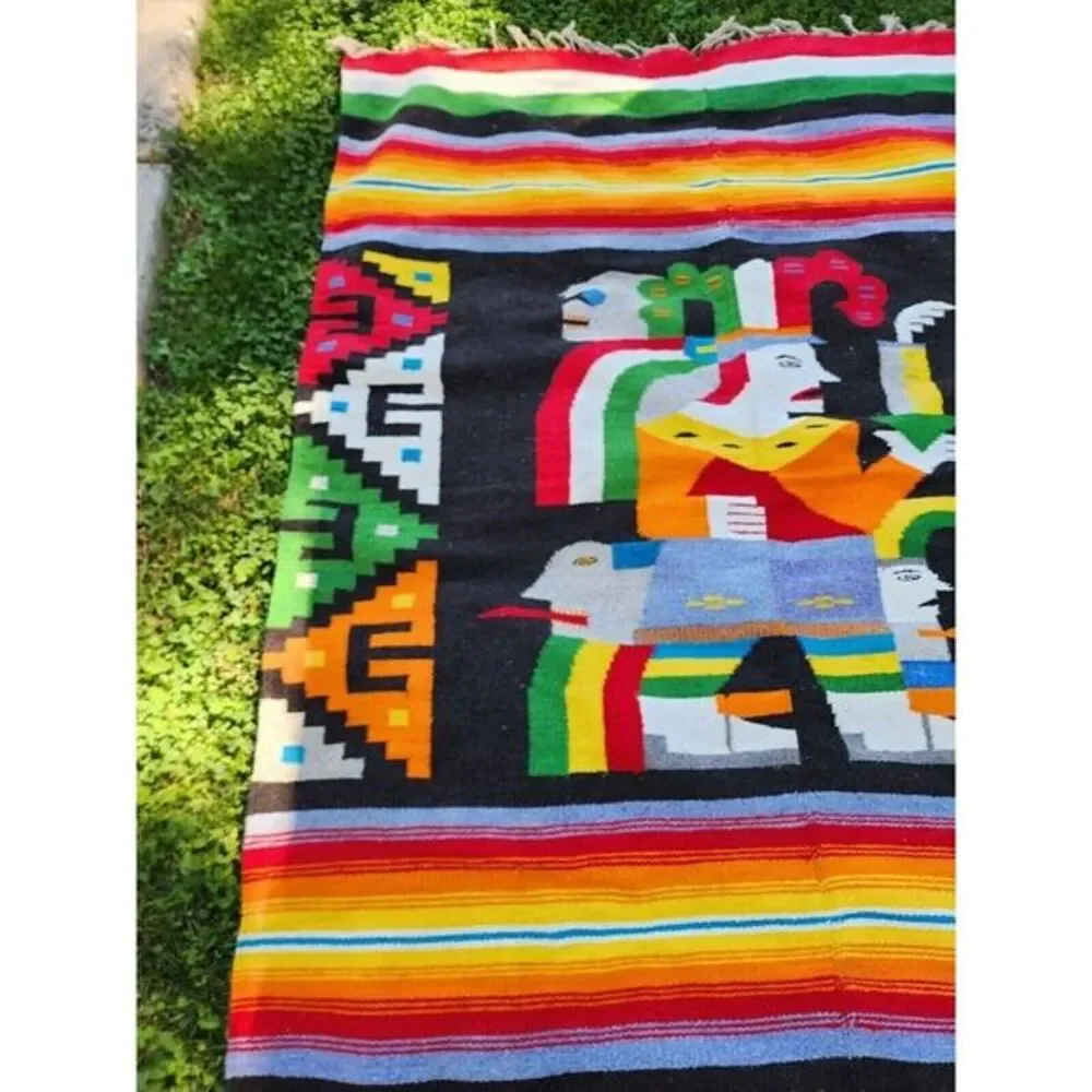 Vintage Mexican‎ Ceremonial Blanket Wool Rug Weaving Bright Colors 55x75